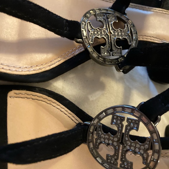 Tory Burch Black Suede and rhinestone crystal logo heels - Picture 3 of 10